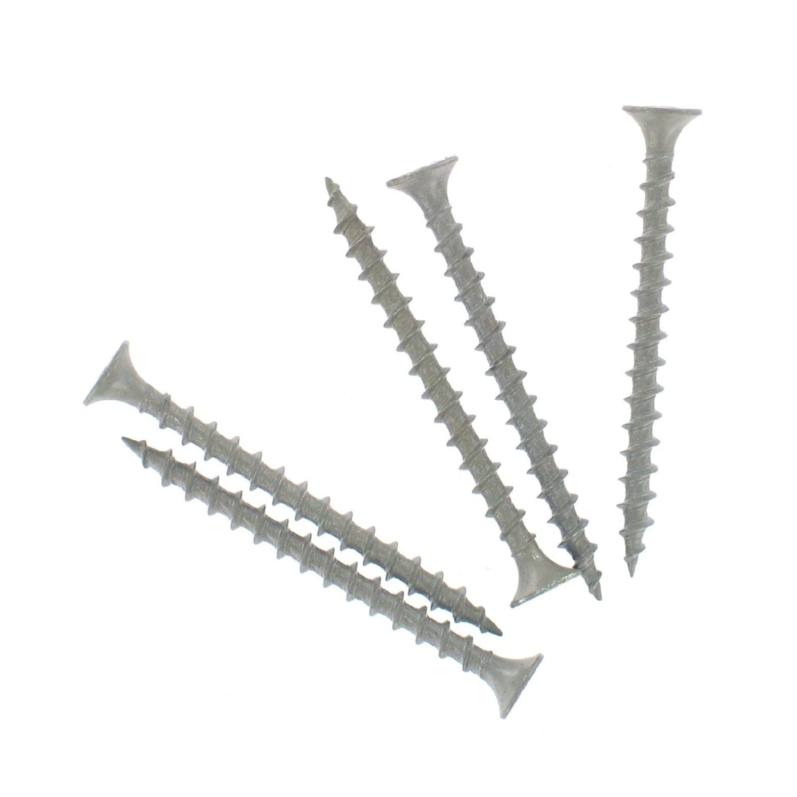Four Grip-Rite GRIP-RITE PTN1585M screws with PrimeGuard coating are displayed on a white background, showcasing pointed tips and threaded bodies. Ideal for outdoor projects, these silver screws ensure durability and reliable performance.
